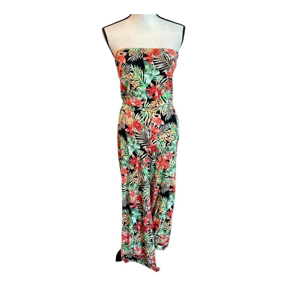 Iris Womens Jumpsuit Red Black Green Tropical Print Strapless Straight Leg S